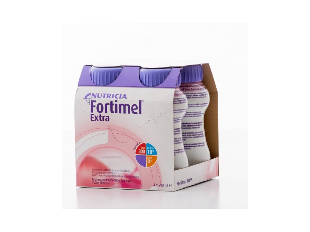 Nutricia Fortimel Extra Φράουλα Θρεπτικό Συμπλήρωμα Διατροφής σε Υγρή Μορφή Υψηλής Περιεκτικότητας σε Πρωτεϊνη, 4 x 200ml