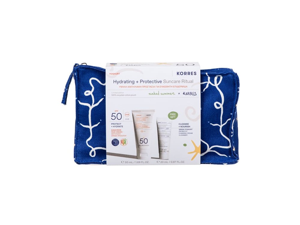 Korres Promo Hydrating & Protective Suncare Ritual Υψηλή Αντηλιακή Προστασία με Yoghurt Αντηλιακή Κρέμα Προσώπου SPF50, 50ml, Greek Yoghurt Αφρώδης Κρέμα Καθαρισμού με Προβιοτικά, 20ml & Δώρο Naked Summers x Korres Νεσεσέρ, 1τεμ, 1σετ