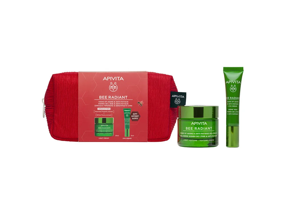 Apivita Bee Radiant Promo Pack με Κρέμα Ελαφριάς Υφής για Σημάδια Γήρανσης & Ξεκούραστη Όψη, 50ml & Δώρο Κρέμα Ματιών για Σημάδια Γήρανσης & Ξεκούραστη Όψη, 15ml & Νεσεσέρ, 1τεμ, 1σετ