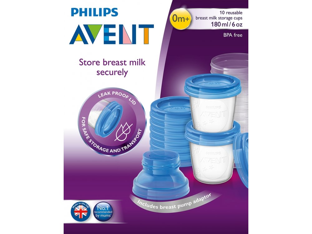Philips Avent Δοχεία Αποθήκευσης Γάλακτος με Αντάπτορες, SCF618/10, 10 κύπελα + 12 καπάκια