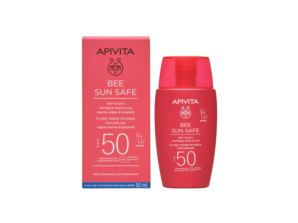 Apivita Bee Sun Safe Dry Touch Invisible Face Fluid SPF50, Λεπτόρευστη Αντηλιακή Κρέμα Προσώπου με Θαλάσια Φύκη & Πρόπολη, 50ml