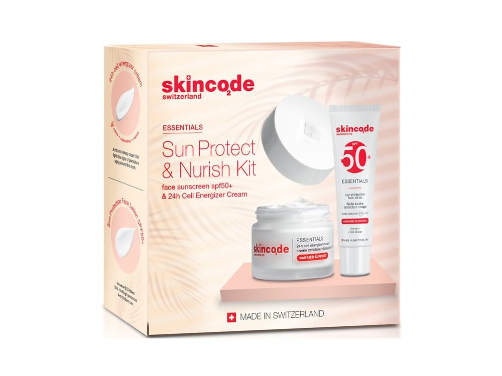 Skincode Promo Sun Kit & Nurish Kit Essentials Sun Protection Λεπτόρρευστη Κρέμα Προσώπου με Υψηλή Αντηλιακή Προστασία SPF50+ , 50ml & 24h Cell Energizer Cream Ενυδατική & Αντιγηραντική Κρέμα Προσώπου, 50ml, 1σετ