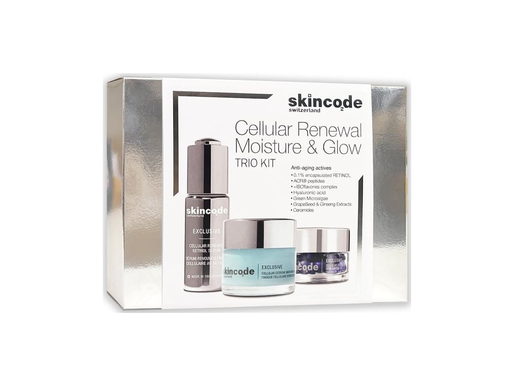 Skincode Xmas Limited Edition White Trio με Εxclusive Cellular Renewal Αντιρυτιδικός Ορός Ρετινόλης, 30ml, Extreme Moisture Μάσκα Εντατικής Ενυδάτωσης, 50ml & Perfect Skin Capsules Αντιοξειδωτικός Ορός σε Κάψουλες, 14caps, 1σετ