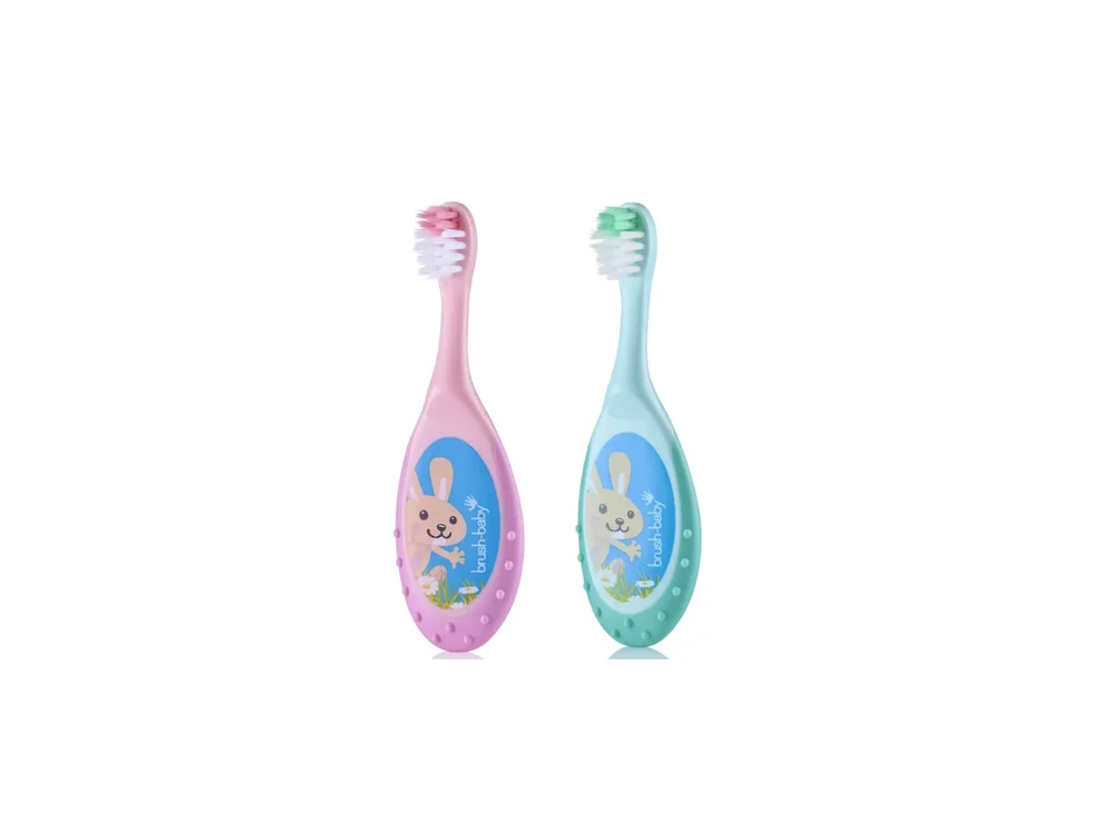 Brush-Baby FlossBrush, Οδοντόβουρτσα και μασητικό 2 σε 1 για 0-3 ετών  Ροζ/Τιρκουάζ, 2τμχ