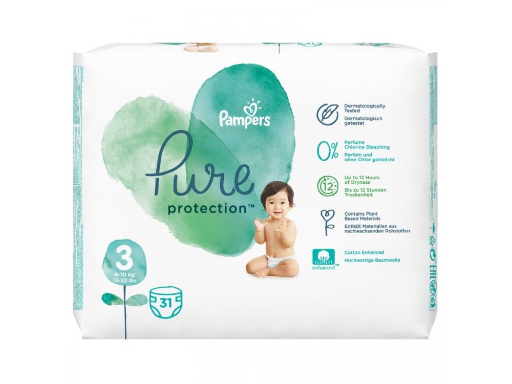 Pampers Pure Protection No.3 (6-10kg) Πάνες, 31τμχ