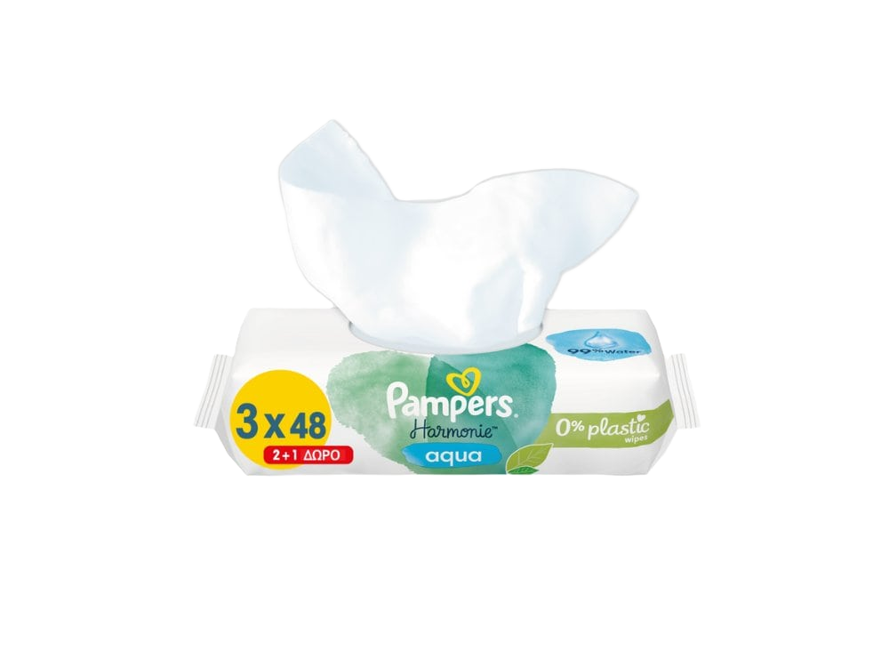 Pampers Promo (2+1) Harmonie Aqua Baby Wipes Μωρομάντηλα, 3x48τμχ, 1σετ