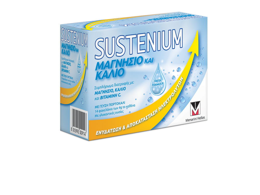 Sustenium Μαγνήσιο & Κάλιο για Ενυδάτωση σε περιόδους έντονης ζέστης & εφίδρωσης, με γεύση πορτοκάλι, 14 sachets