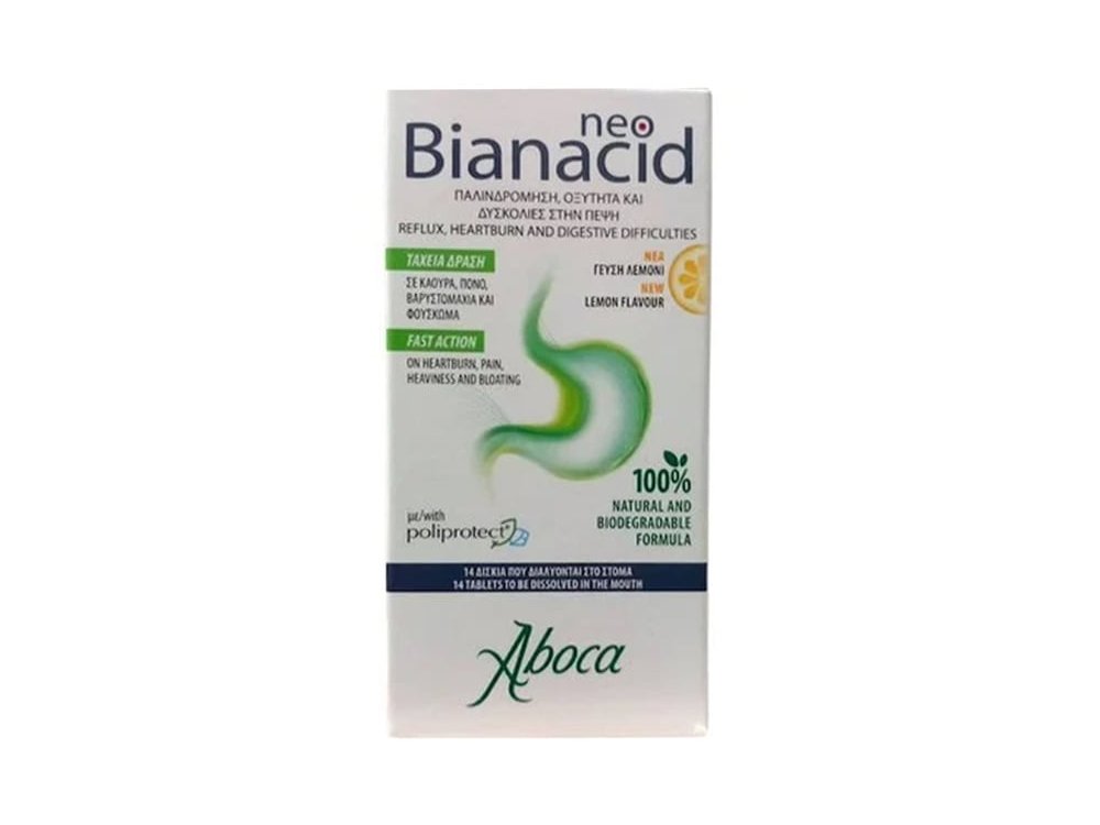 Aboca Neo Bianacid, Συμπλήρωμα διατροφής για τη ταχεία δράση σε καούρα, πόνο, βαρυστομαχιά και φούσκωμα, με γευση λεμόνι, 14chew.tabs