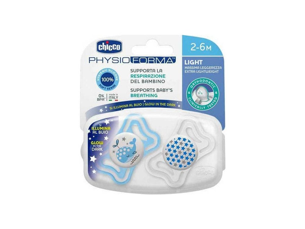 Chicco Physio Forma Light Εργονομική Πιπίλα Νύχτας με Θηλή Σιλικόνης για Ηλικίες 2-6m, 2τμχ