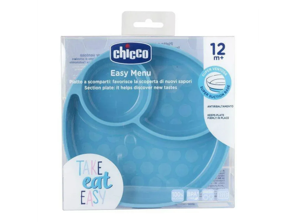 Chicco Take Eat Easy Πιάτο Σιλικόνης με Χωρίσματα και Βεντούζα 12m+ Σιέλ 1τμχ