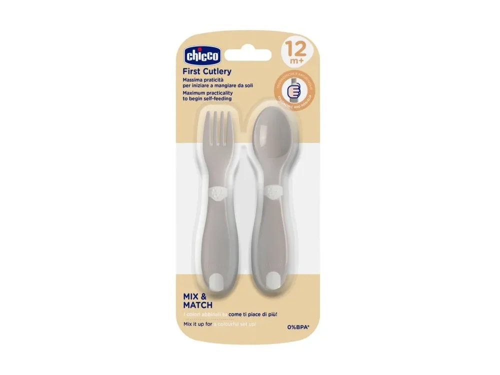 Chicco First Cutlery Σετ Κουταλοπίρουνα Για 12+ Μηνών Γκρι, 2 τμχ