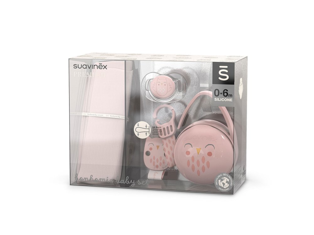 Suavinex Premium Bonhomia Pink Σετ Δώρου για Μωρά 0-6m με Πιπίλα 0-6m & Κλιπ Πιπίλας & Θήκη & Πανάκι Ώμου Μουσελίνα Ροζ, 4τμχ