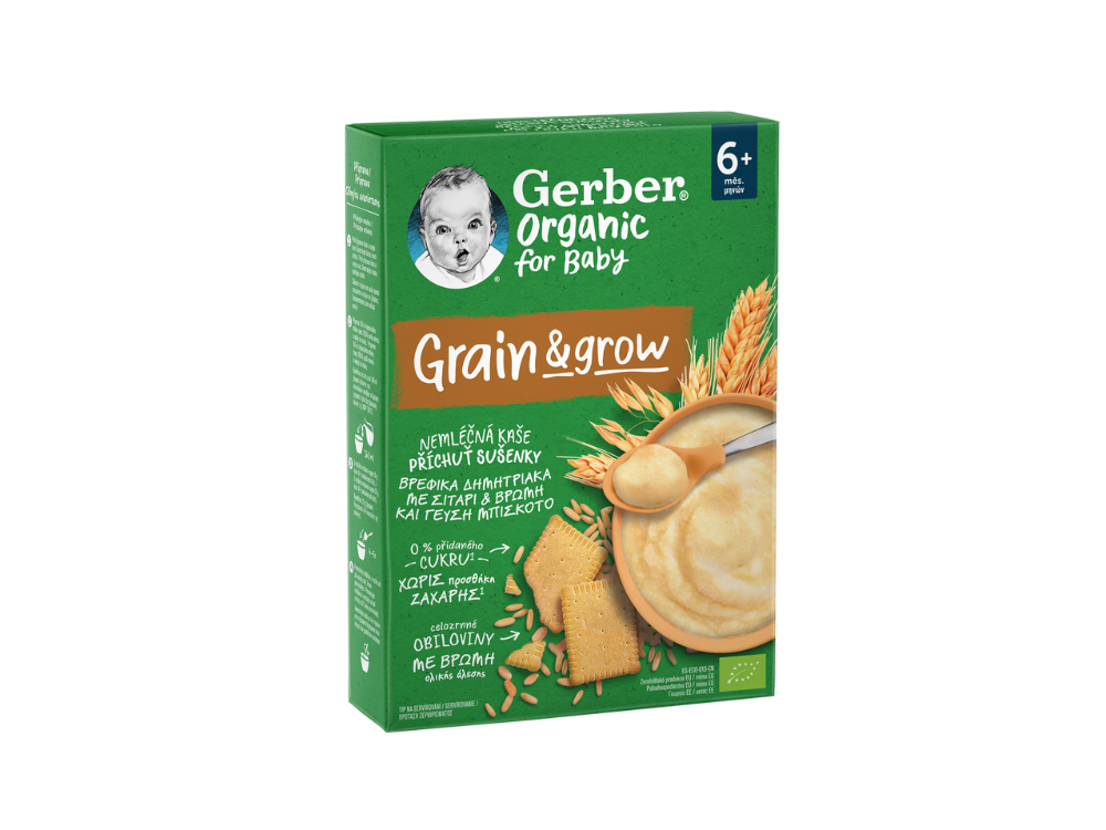 Gerber Organic For Baby Grain & Grow 6m+ Βρεφικά Δημητριακά Με Σιτάρι, Βρώμη & Γεύση Μπισκότο, 200gr