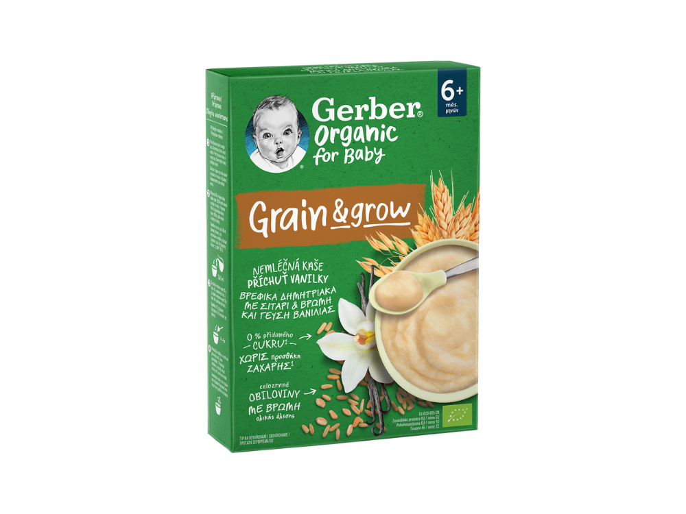 Gerber Organic For Baby 6m+ Grain & Grow, Βρεφικά Δημητριακά Με Σιτάρι,Βρώμη & Γεύση Βανίλιας, 200gr