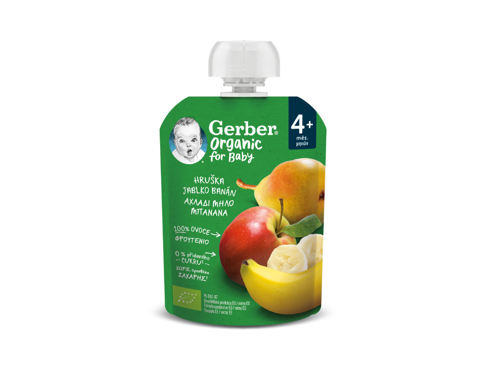 Gerber Organic For Baby 4m+ Φρουτοπουρές Αχλάδι, Μήλο & Μπανάνα, 90gr