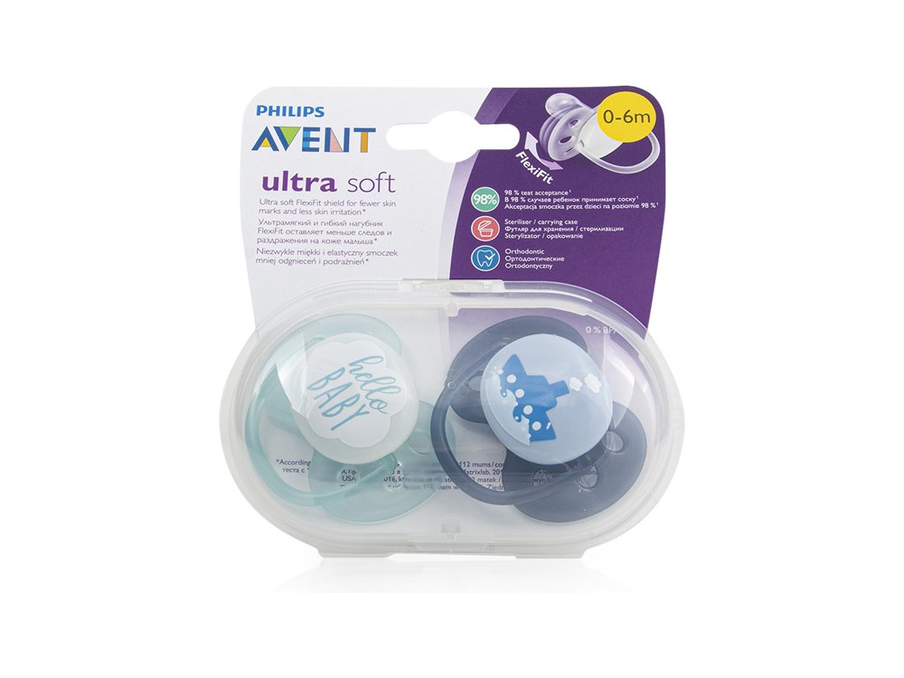 Philips Avent SCF222/01, Πιπίλα ultra soft, 0-6 μηνών Γκρι/Γαλάζιο, 2τμχ