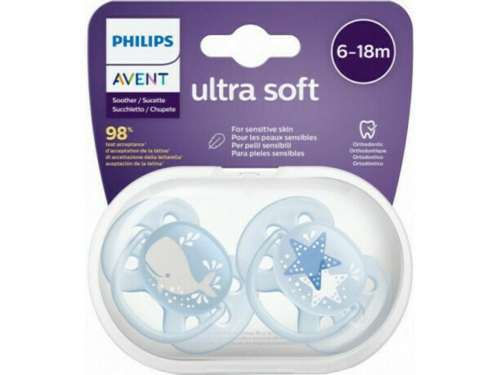 Philips Avent SCF223/03, Πιπίλα ultra soft, 6-18 μηνών Γαλάζιο, 2τμχ