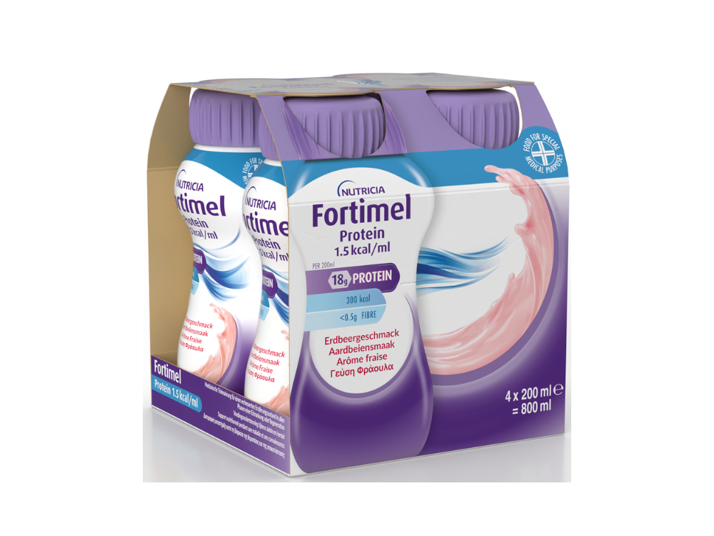 Nutricia Fortimel Extra Φράουλα Θρεπτικό Συμπλήρωμα Διατροφής σε Υγρή Μορφή Υψηλής Περιεκτικότητας σε Πρωτεϊνη, 4 x 200ml