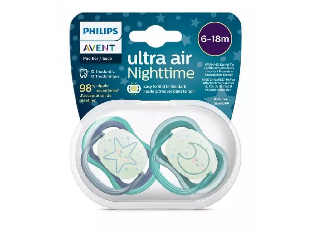 Philips Avent Ultra Air Nighttime, Ορθοδοντική Πιπίλα Σιλικόνης, Αστέρι-Φεγγάρι, 6-18m, 2τεμ