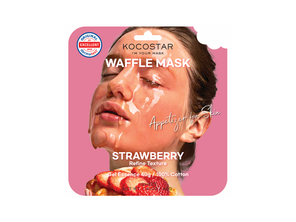 Kocostar Waffle Mask Strawberry, Εμποτισμένη Mάσκα Καθαρισμού & Λάμψης για Λιπαρές Επιδερμίδες, 40g