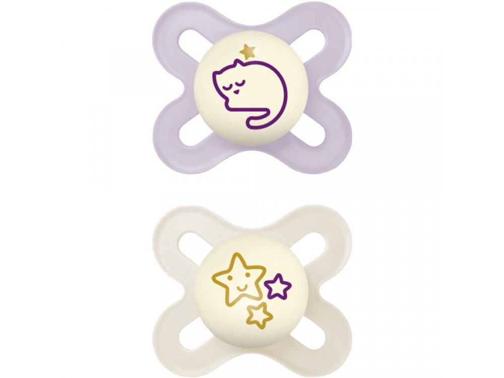 Mam Original Start Night Πιπίλα Σιλικόνης που Λάμπει στο Σκοτάδι Λιλά & Κρεμ 0-2m, 2τμχ