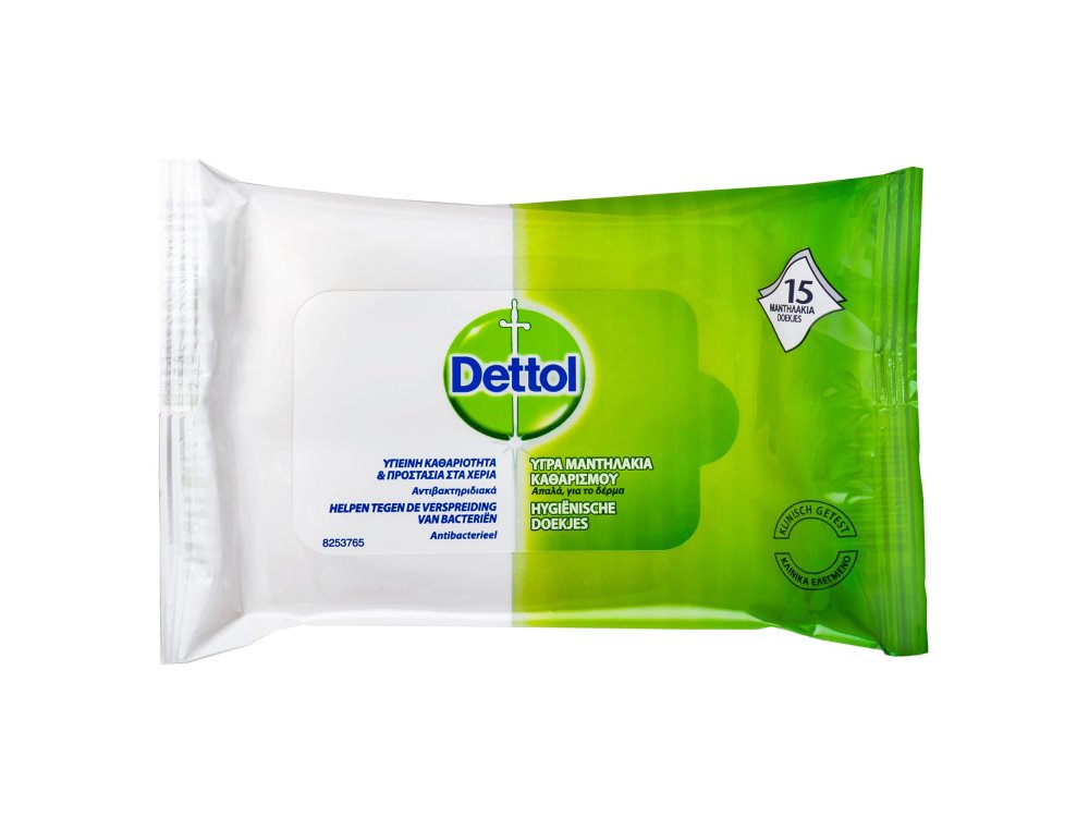 Dettol Υγρά Αντιβακτηριδιακά Μαντηλάκια Καθαρισμού Χεριών, 15τμχ