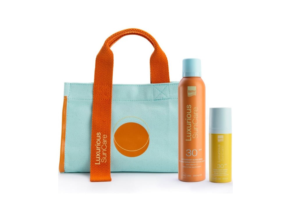 Intermed Promo Pack με Luxurious Sun Care Αντηλιακός Ορός Προσώπου SPF 30, 50ml, Antioxidant Sunscreen Invisible Αντηλιακό Spray για Πρόσωπο & Σώμα SPF 30, 200ml & Δώρο Τσάντα Θαλάσσης, 1τεμ, 1σετ