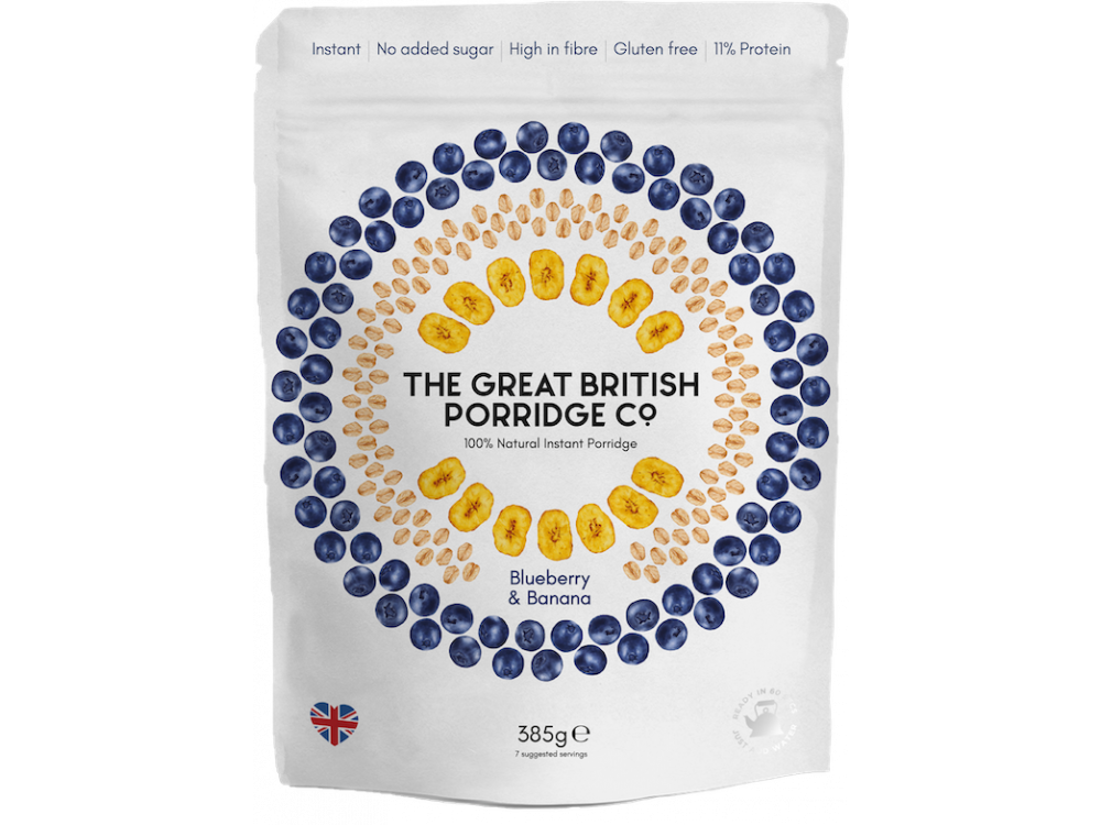The Great British Porridge Co, Bag Blueberry & Banana, Νιφάδες Βρώμης με Γεύση Mύρτιλο & Μπανάνα, Χωρίς Γλουτένη, 385gr