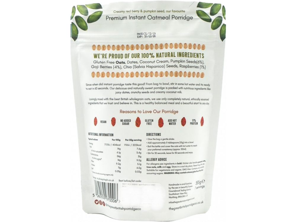 The Great British Porridge Co, Bag Berry & Pumpkin Seed, Νιφάδες Βρώμης με Γεύση Goji berries & σπόροι Κολοκύθας, Χωρίς Γλουτένη, 385gr