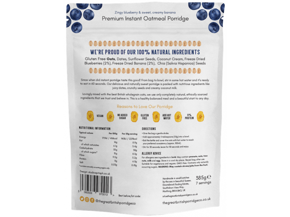 The Great British Porridge Co, Bag Blueberry & Banana, Νιφάδες Βρώμης με Γεύση Mύρτιλο & Μπανάνα, Χωρίς Γλουτένη, 385gr