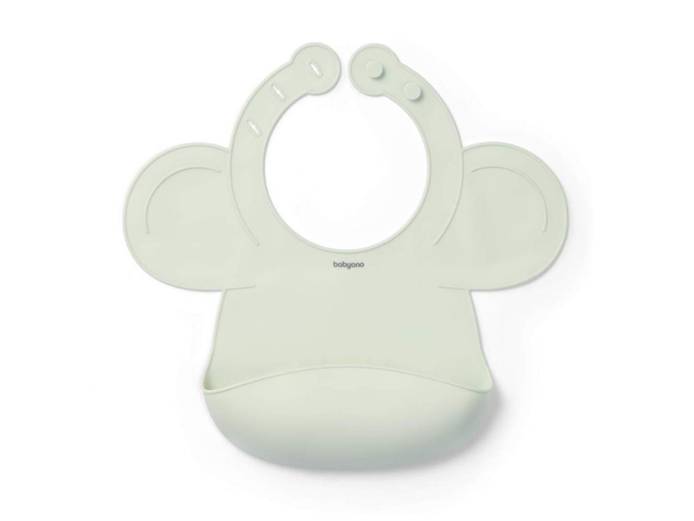 BabyOno  Σαλιάρα Σιλικόνης 6m+ με Θήκη Περισυλλογής Τροφίμων με Προσαρμοζόμενο Κούμπωμα Μέντα, 1τμχ