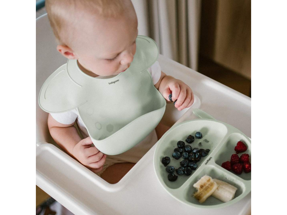 BabyOno  Σαλιάρα Σιλικόνης 6m+ με Θήκη Περισυλλογής Τροφίμων με Προσαρμοζόμενο Κούμπωμα Μέντα, 1τμχ