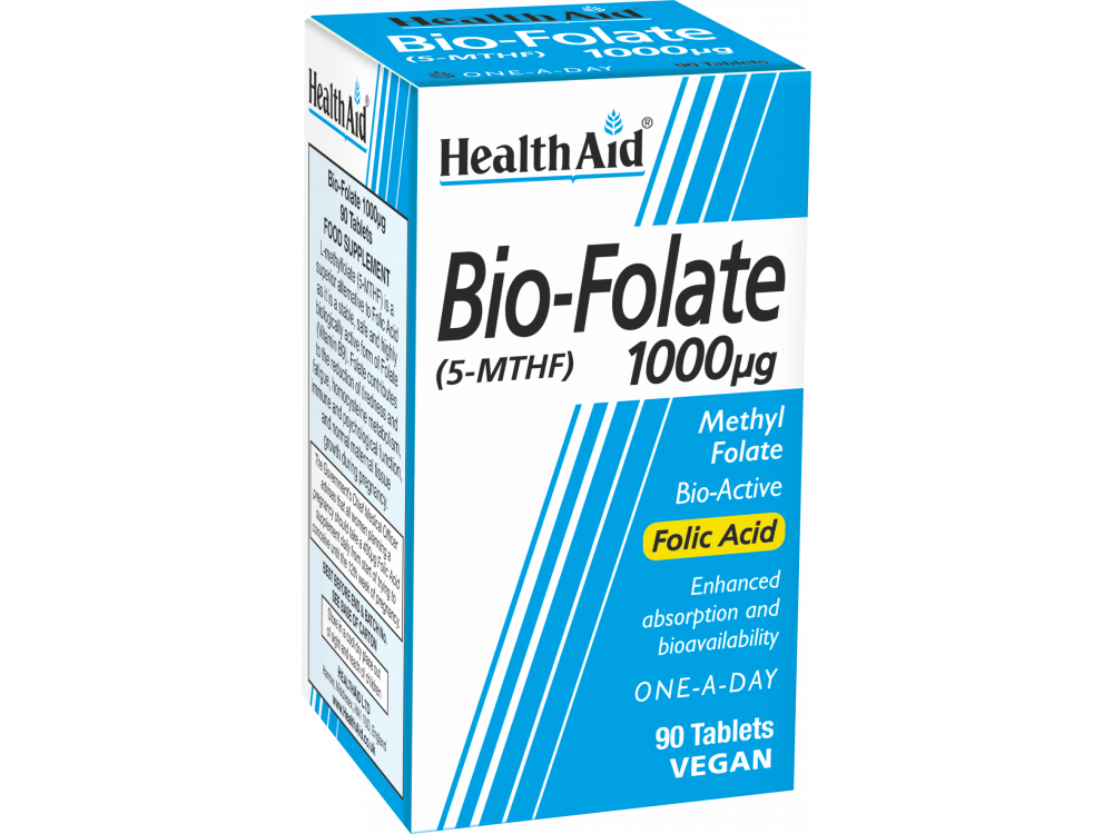 Health Aid Bio-Folate 1000mg,, Βιοενεργή Μορφή Φολικού Οξέος για Ενέργεια Εγκυμοσύνη & τον Μεταβολισμό, 90tabs