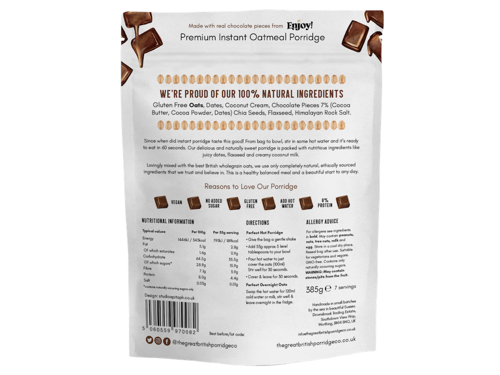 The Great British Porridge Co, Bag Classic Choco, Νιφάδες Βρώμης με Γεύση Σοκολάτα, Χωρίς Γλουτένη, 385gr