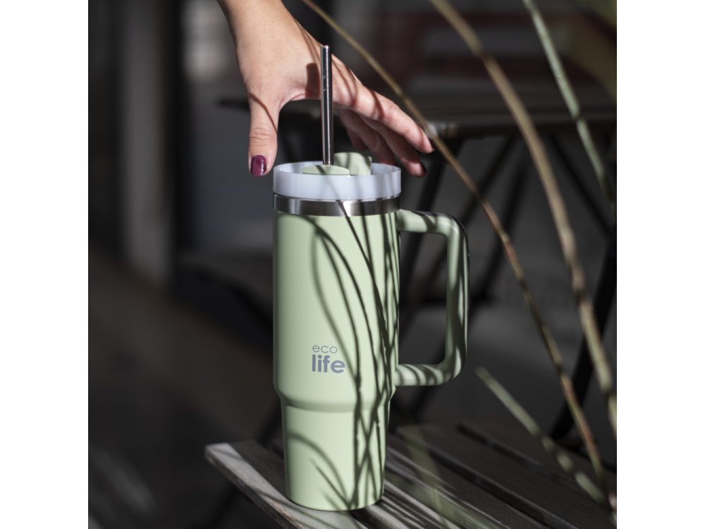 Eco Life Bay Leaf Eco Friendly, Ανοξείδωτο Ποτήρι Θερμός με Καλαμάκι, 900ml
