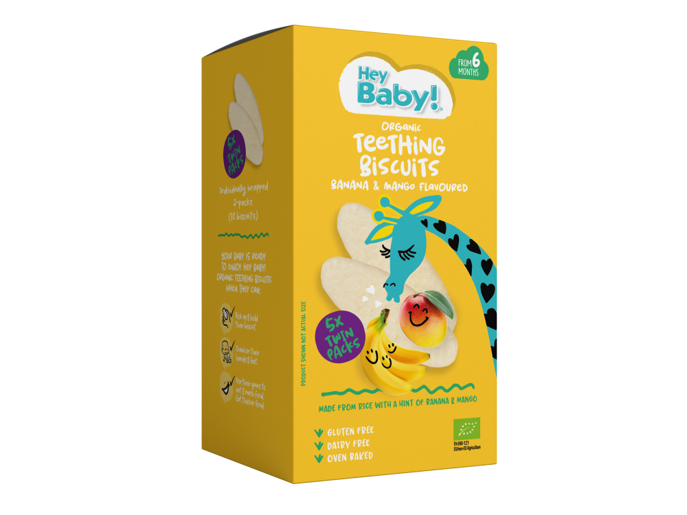 Hey Baby! Organic Teething Biscuits Banana & Mango Flavoured Βιολογικές Ρυζογκοφρέτες με Γεύση Μπανάνα & Μάνγκο, 21g