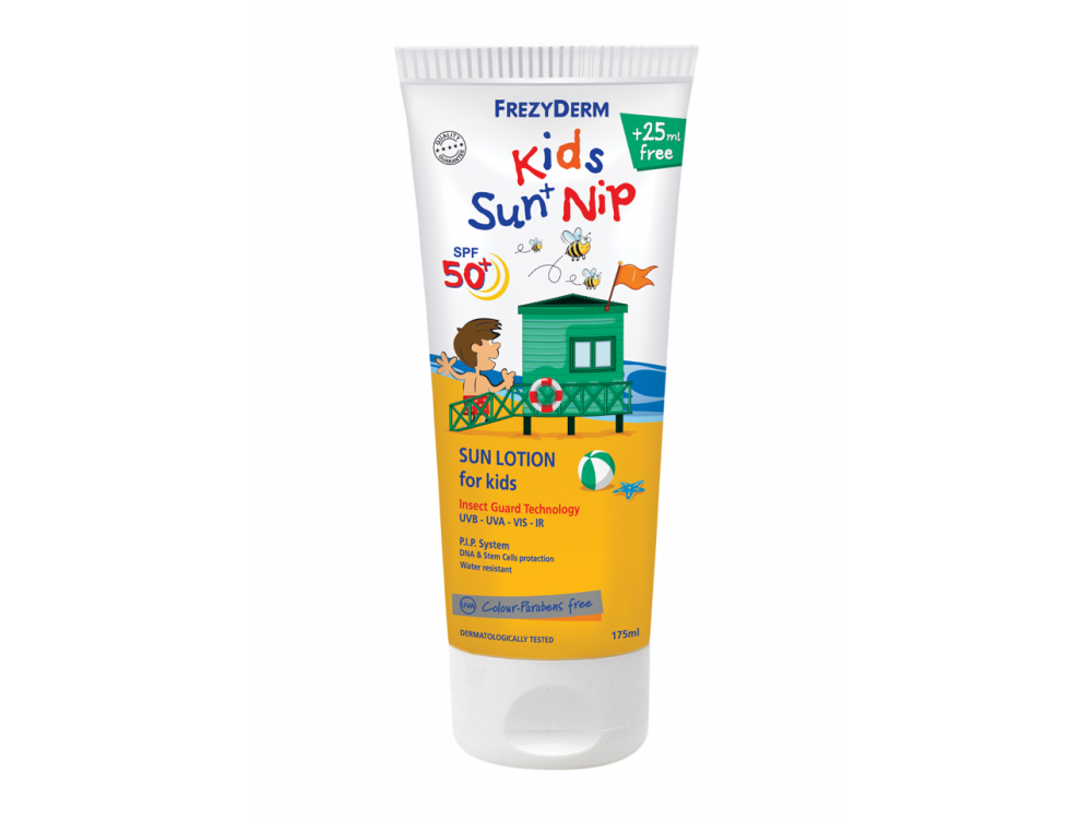 Frezyderm Kids Sun + Nip SPF50+ Παιδικό Αντιηλιακό Γαλάκτωμα για Πρόσωπο & Σώμα με Εντομοαπωθητικές Ιδιότητες, 175ml