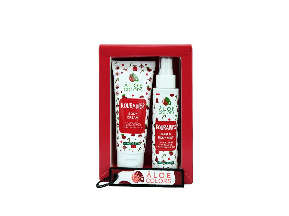 Aloe+Colors Kourabies Gift Set Hair and Body Mist & Body Cream, Σπρέι Μαλλιών-Σώματος 100ml & Κρέμα Σώματος, 100ml & Δώρο Μπρελόκ