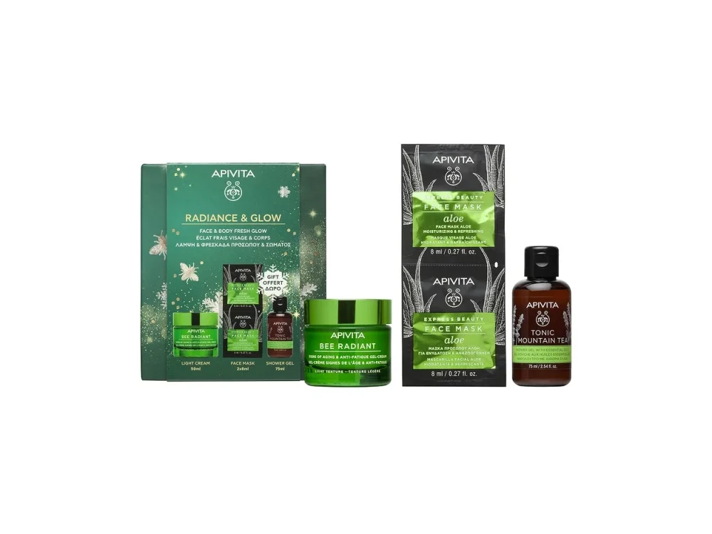 Apivita Promo Radiance & Glow Bee Radiant Κρέμα για Σημάδια Γήρανσης & Ξεκούραστη Όψη Ελαφριάς Υφής, 50ml & Express Beauty Μάσκα Προσώπου με Αλόη, 2x8ml & Tonic Mountain Tea Αφρόλουτρο με Αιθέρια Έλαια, 250ml