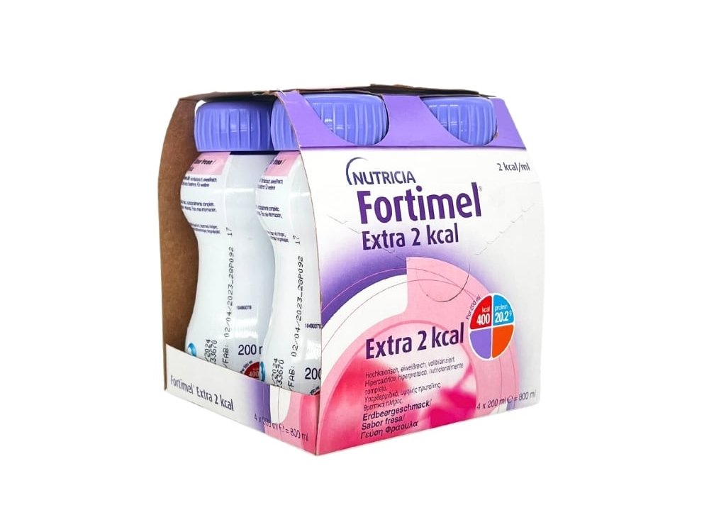 Nutricia Fortimel Extra 2 Kcal Φράουλα Θρεπτικό Συμπλήρωμα Διατροφής σε Υγρή Μορφή Υψηλής Περιεκτικότητας σε Πρωτεϊνη 4x200ml