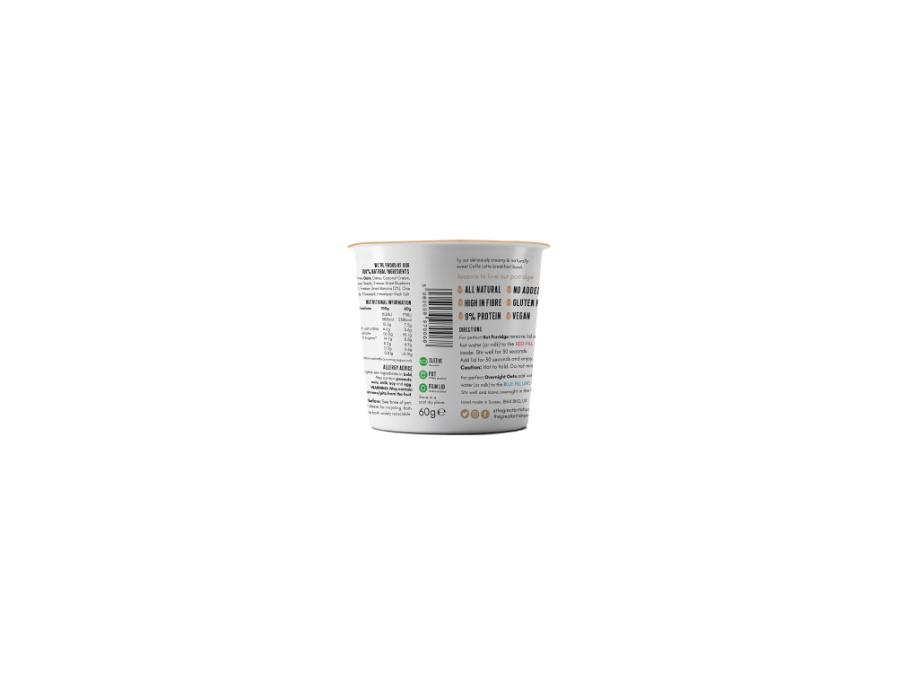 The Great British Porridge Co, Pot Caffe Latte, Νιφάδες Βρώμης με Γεύση Καφέ, Χωρίς Γλουτένη, 60gr