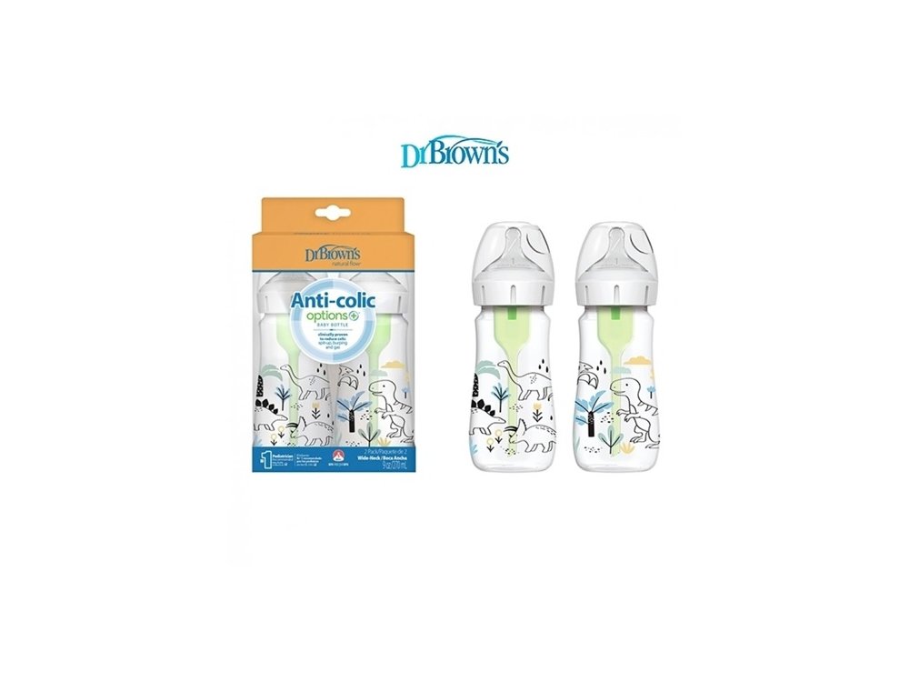 Dr. Brown's Options+ Σετ Πλαστικά Μπιμπερό με Φαρδύ Λαιμό (0m+), Dino, 270ml, 2τμχ