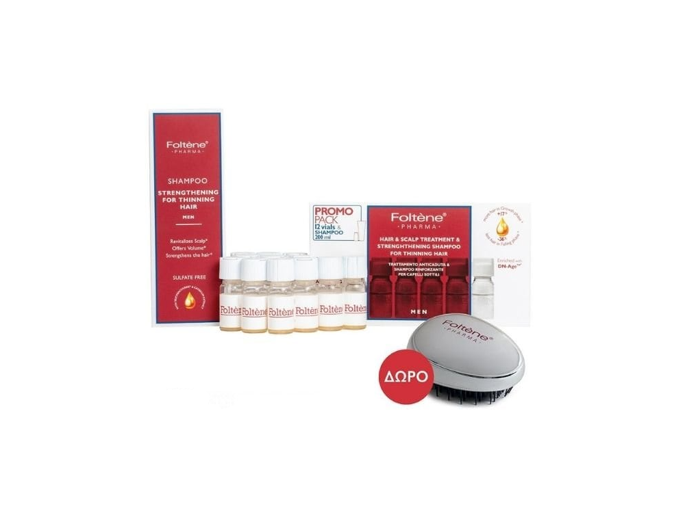 Foltene Promo Kit Men Hair & Scalp Treatment Αγωγή Κατά Της Ανδρικής Τριχόπτωσης, 12ampoules & Δώρο Foltene Δυναμωτικό Σαμπουάν, 200ml & Βούρτσα Detangling, 1τεμ