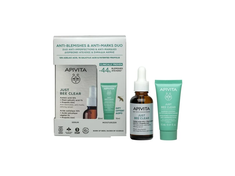 Apivita Promo Just Bee Clear Serum Ορός Λείανσης για Ατέλειες & Σημάδια Ακμής, 30ml & Blemish Control Mattifying Moisturizer Ενυδατική Κρέμα, 40ml
