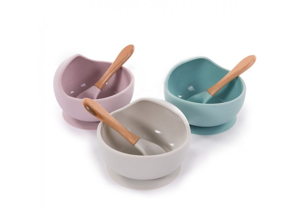 Bo Jungle: Μπολ Σιλικόνης με βεντούζα και κουτάλι-Ροζ, 1τμχ