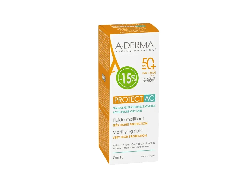 A-Derma – Protect AC Mattifying Fluid. Λεπτόρρευστη Αντηλιακή Κρέμα Προσώπου για Ματ Αποτέλεσμα SPF50+, 40ml