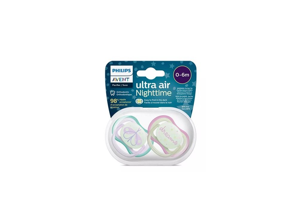 Philips Avent Ultra Air Nighttime SCF376/17, Ορθοδοντική Πιπίλα Σιλικόνης 0-6m, 2τεμ
