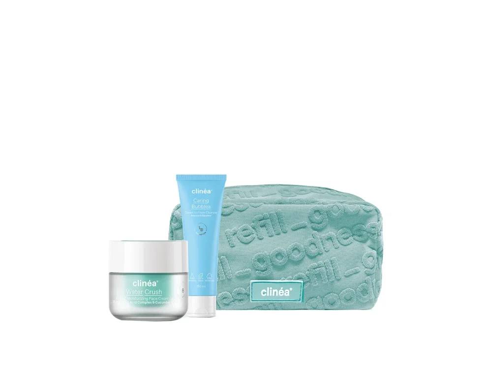 Clinea Promo Gift Set Ενυδάτωσης με Water Crush Ενυδατική Κρέμα, 50ml, Caring Bubbles Αφρό Καθαρισμού, 150ml & Δώρο Νεσεσέρ, 1τεμ, 1σετ