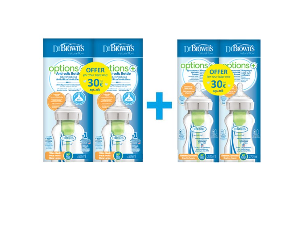 Dr. Brown’s Πακέτο Προσφοράς με Options+ Anti-Colic Πλαστικό Μπιμπερό με Στενό Λαιμό, 2x270ml & Options+ Anti-Colic Πλαστικό Μπιμπερό με Φαρδύ Λαιμό, 2x330ml, 1σετ