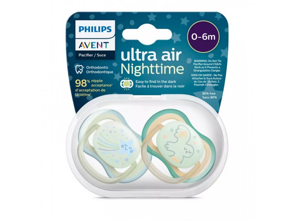 Philips Avent Ultra Air Nighttime SCF376/17, Ορθοδοντική Πιπίλα Σιλικόνης  0-6m, 2τεμ